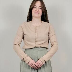 Vintage 90s Y2K Wool Angora Ruffle Cardigan Tan Small